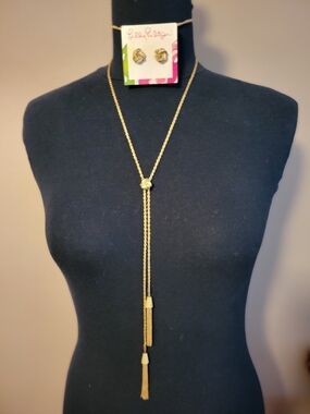 Lilly Pulitzer Gold Tassel Lariat Necklace with Matching Stud Earrings